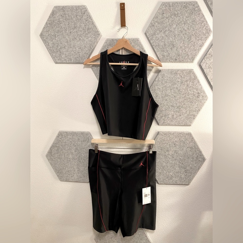 NWT 1X Jordan Black Red Set Biker Shorts Fitted Top